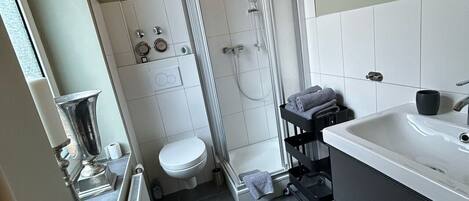 Un baño con ducha, inodoro y lavabo.