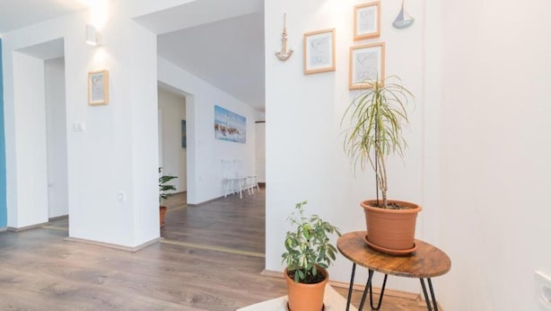 Un pasillo espacioso con piso de madera, paredes blancas y una planta en una mesita.