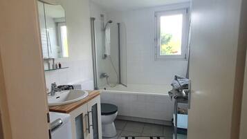 Hair dryer, towels, soap, toilet paper