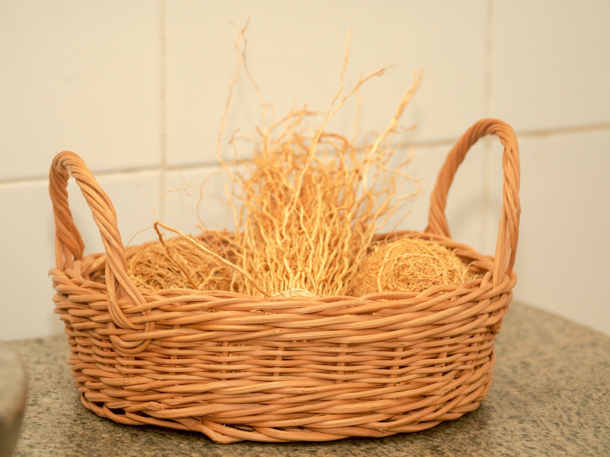 A wicker basket with handles, containing straw and a small round object.