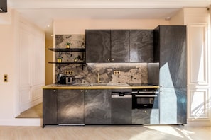 Apartment, City View | Private kitchen | Fridge, microwave, oven, stovetop