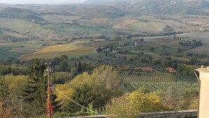 A panoramic view of a hilly landscape with vineyards, a winding road, and scattered buildings.