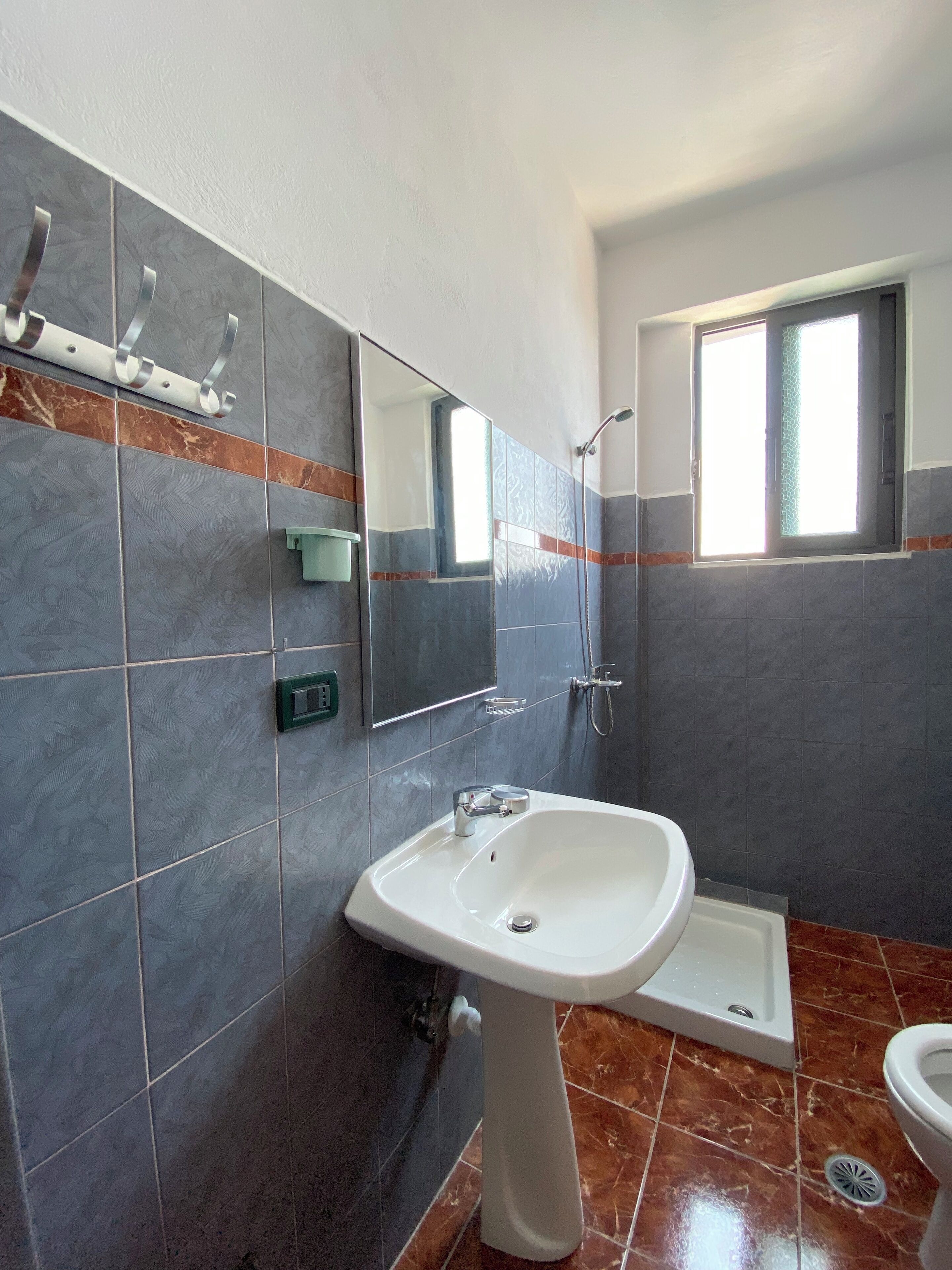 Une salle de bain avec un lavabo blanc, une douche et une fenêtre.