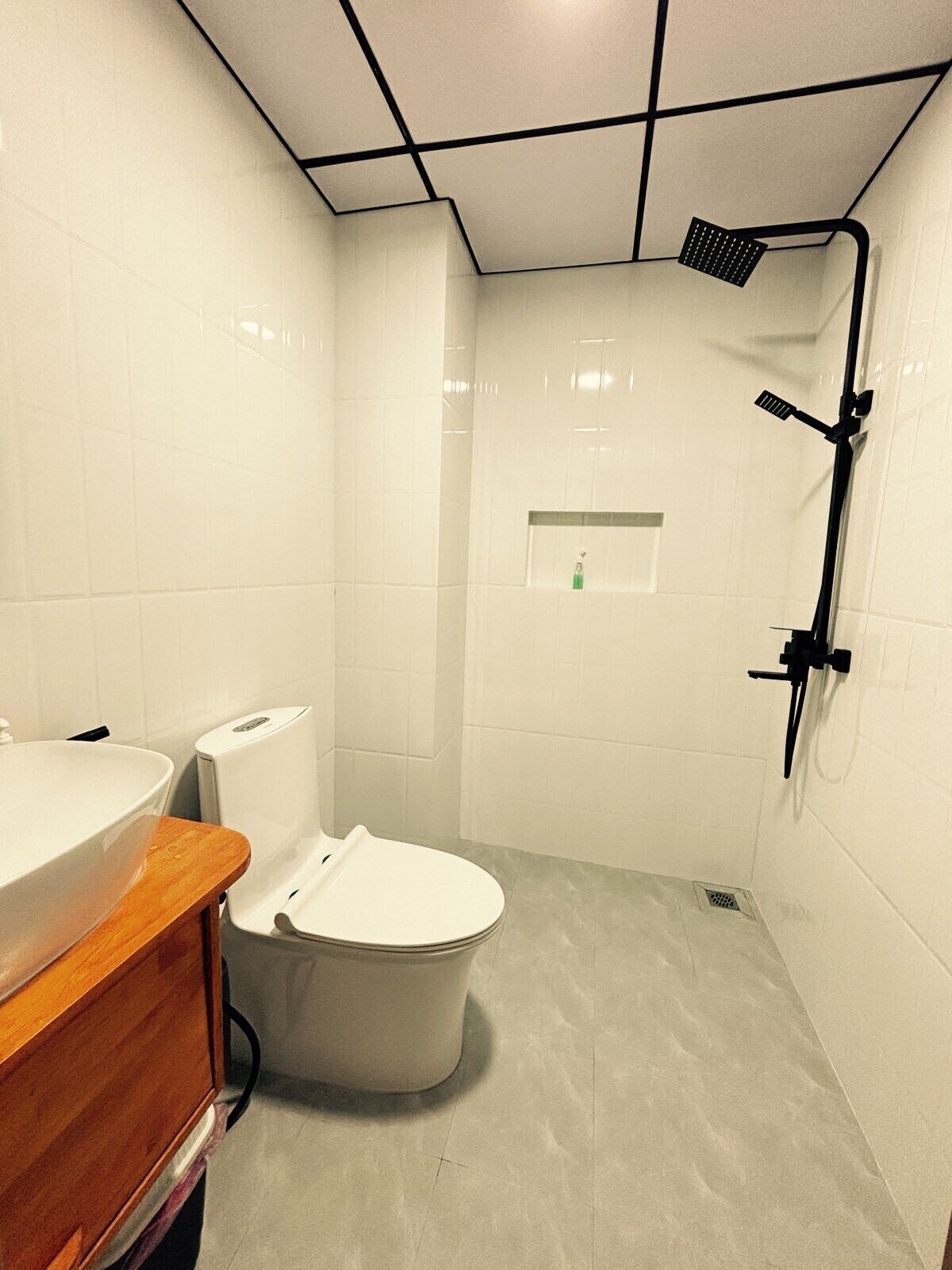 Un bagno con il water bianco, un lavandino e una doccia.