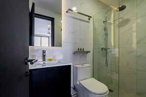 Shower, hair dryer, towels