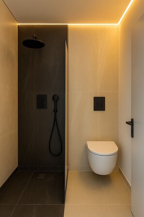Douche, séchoir à cheveux, serviettes fournies, savon