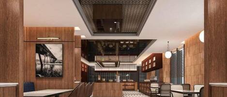A modern interior with a central island, seating areas, and a patterned ceiling.