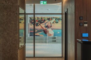 Indoor pool, open 9:00 AM to 9:00 PM, sun loungers
