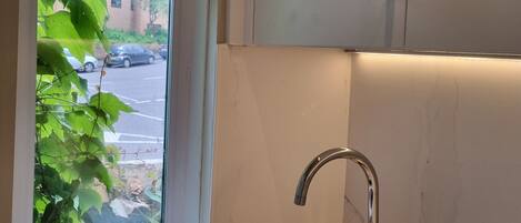 A kitchen with a stainless steel sink, a window with green foliage, and a view of a street with parked cars.