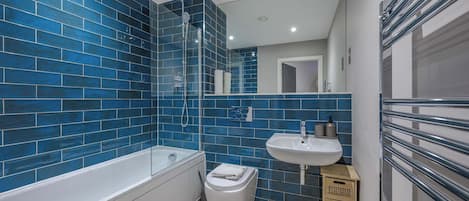 Dusche, Haartrockner, Handtücher, Shampoo