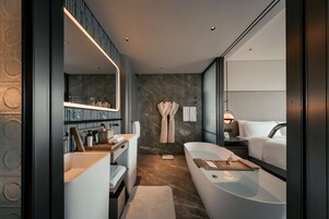 Hair dryer, bathrobes, slippers, towels