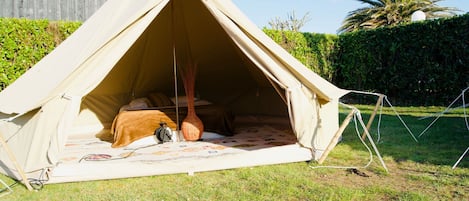 A tent with a bed inside, surrounded by grass and a wooden fence.