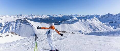 A person skiing on a snowy mountain with a clear blue sky and snow-covered peaks in the background.