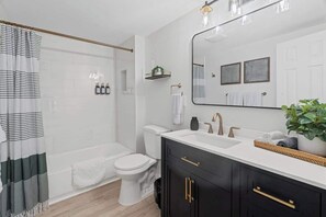 Shower, hair dryer, shampoo