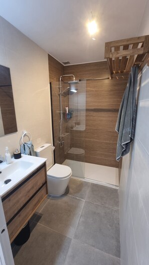 Shower, towels, soap, toilet paper