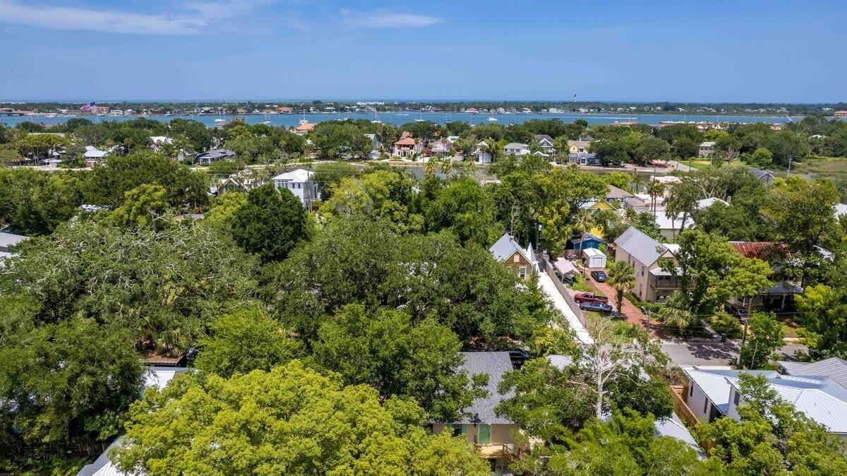 A residential area with houses surrounded by trees, a clear sky, and a view of the water.