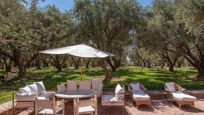 An outdoor seating area with wicker furniture and a table under a canopy, surrounded by olive trees. - My Rental Homes - Villa Royale with pool and garden (Marrakesh)