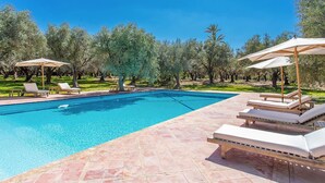 A swimming pool with lounge chairs and umbrellas, surrounded by olive trees. - My Rental Homes - Villa Royale with pool and garden (Marrakesh)
