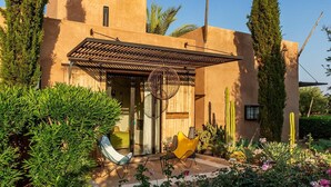 Un bâtiment moderne doté d’un toit plat, d’un patio couvert agrémenté d’un luminaire suspendu, et d’une variété de plantes et de cactus dans le jardin environnant.