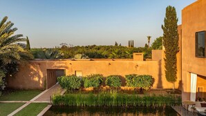 Un bâtiment moderne doté d’une piscine, entouré de verdure et de palmiers.
