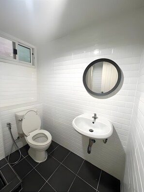 Un baño con inodoro, lavamanos y espejo.