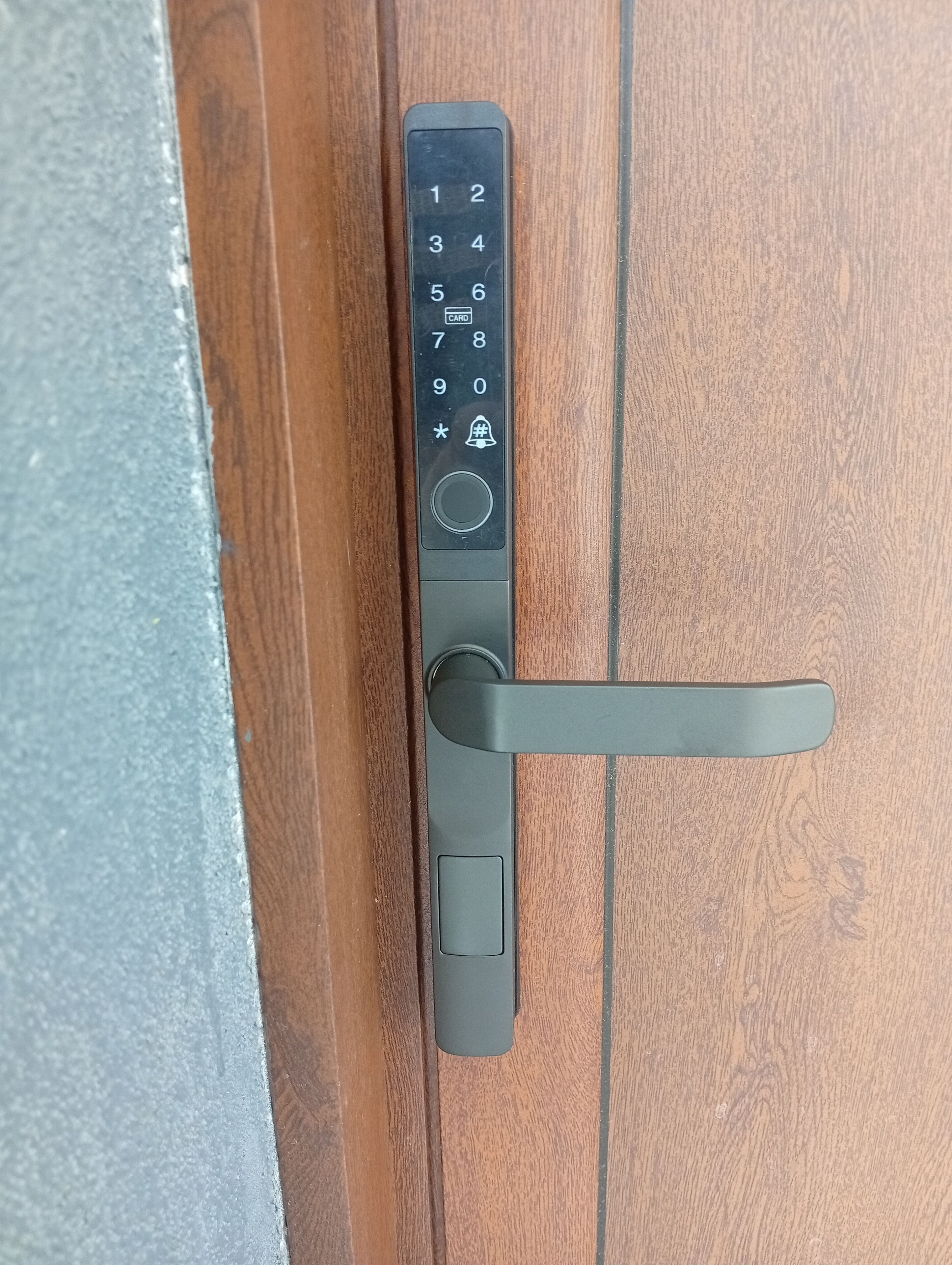 Una puerta con teclado numérico y manija de palanca.