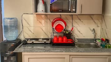 Microwave, electric kettle, cookware/dishes/utensils, spices