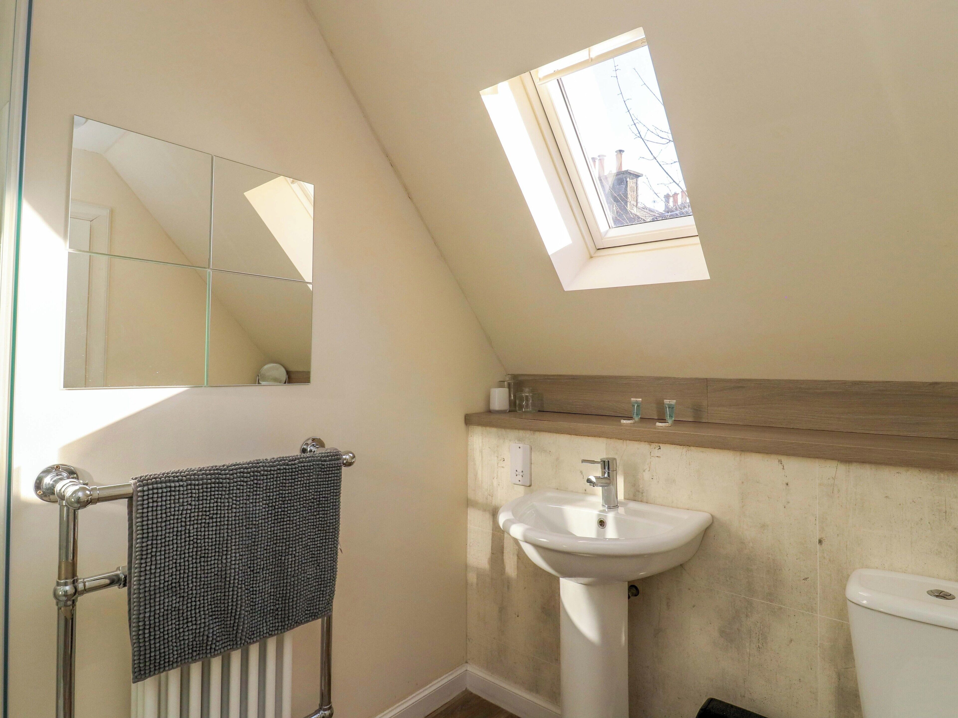 A bathroom with a skylight, a towel rack, a sink, and a toilet.