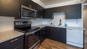 A modern kitchen with dark cabinets, a microwave, stove, dishwasher, and a small sink.