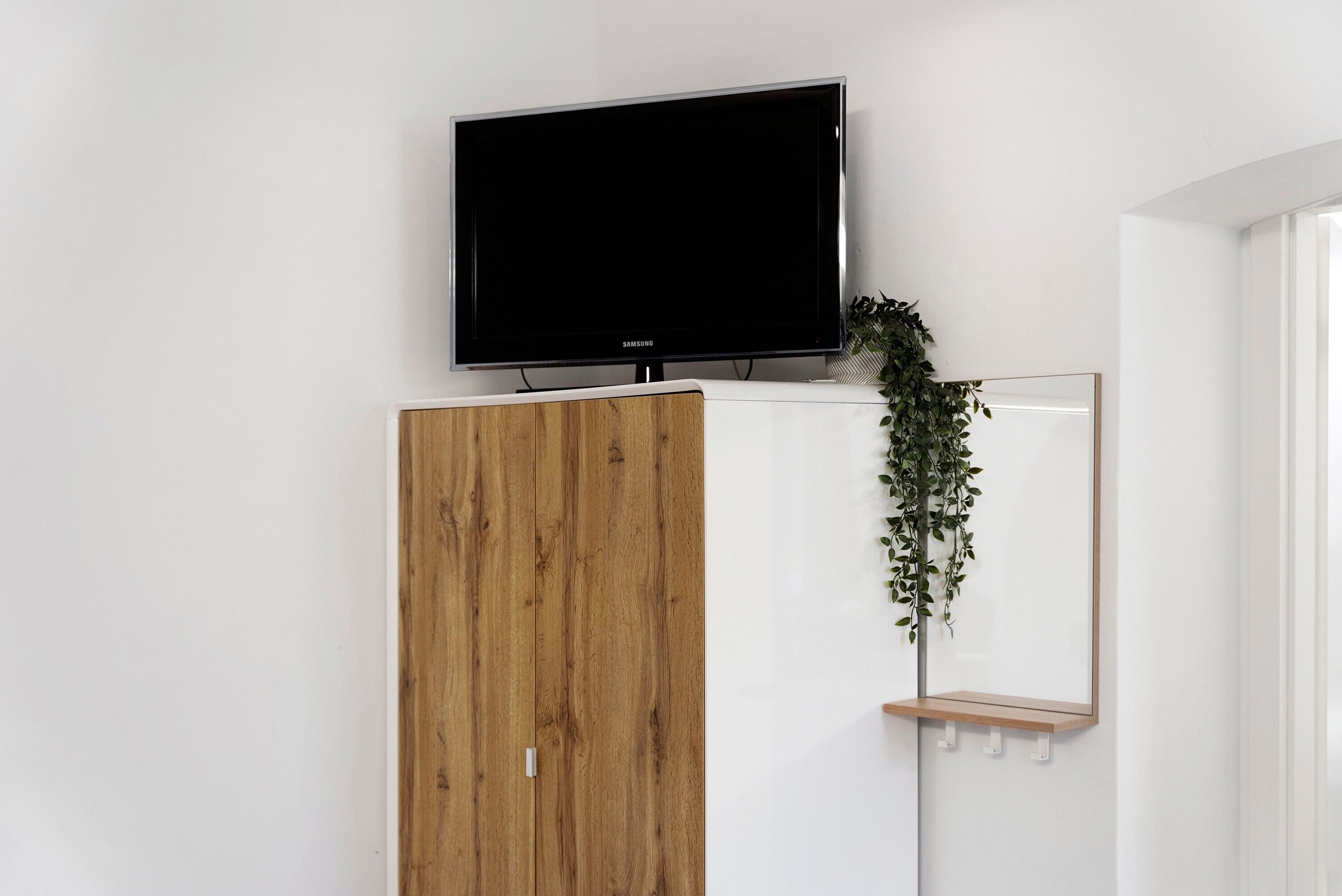 Een flatscreen televisie bevestigd aan een houten kast, een spiegel en een plant.
