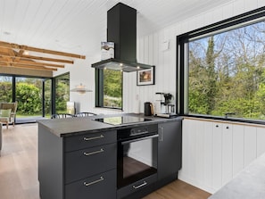 A modern kitchen with a large island, built-in oven, and a window overlooking greenery.