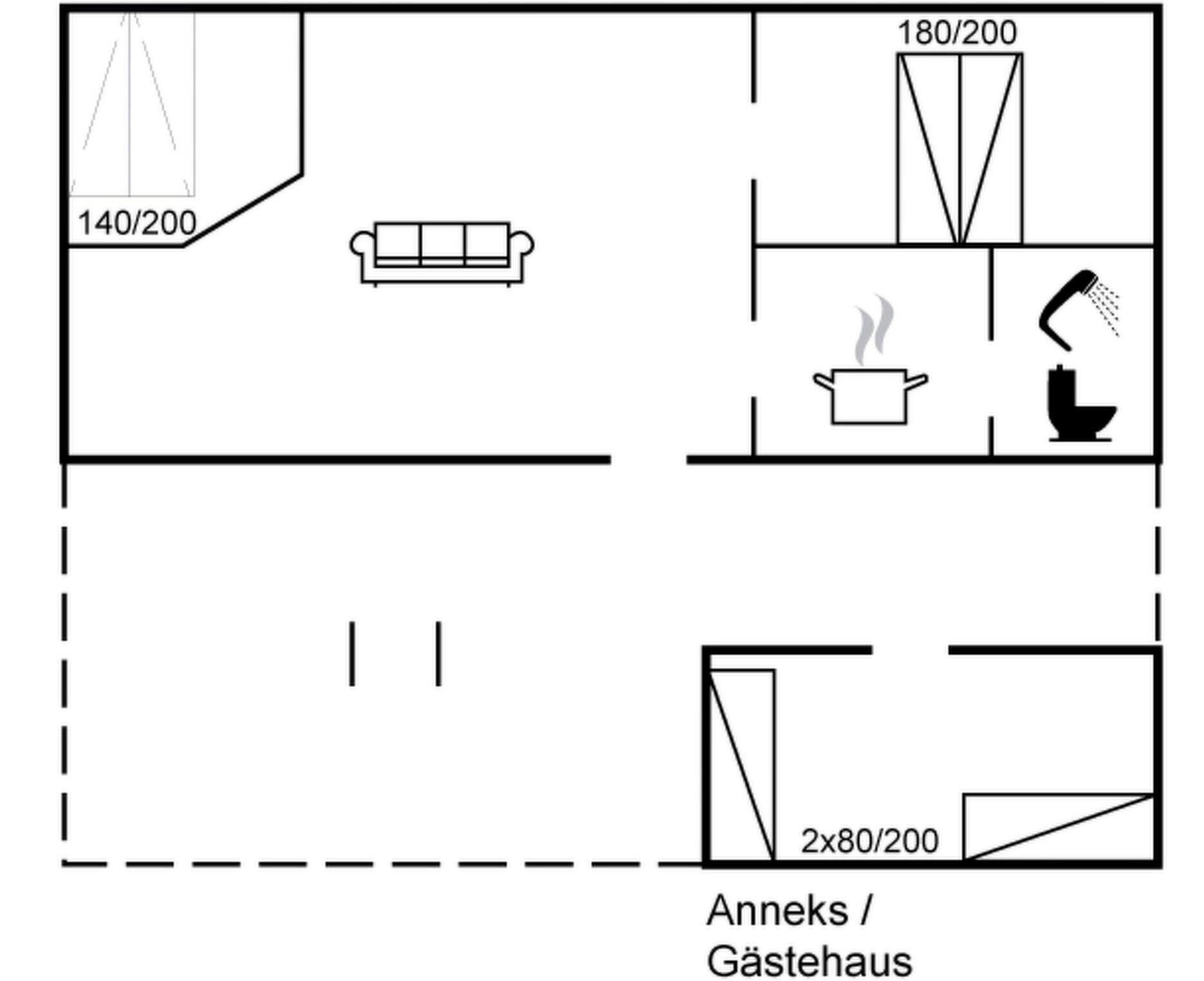A floor plan of a hotel room with a kitchenette, a bathroom, and a seating area.