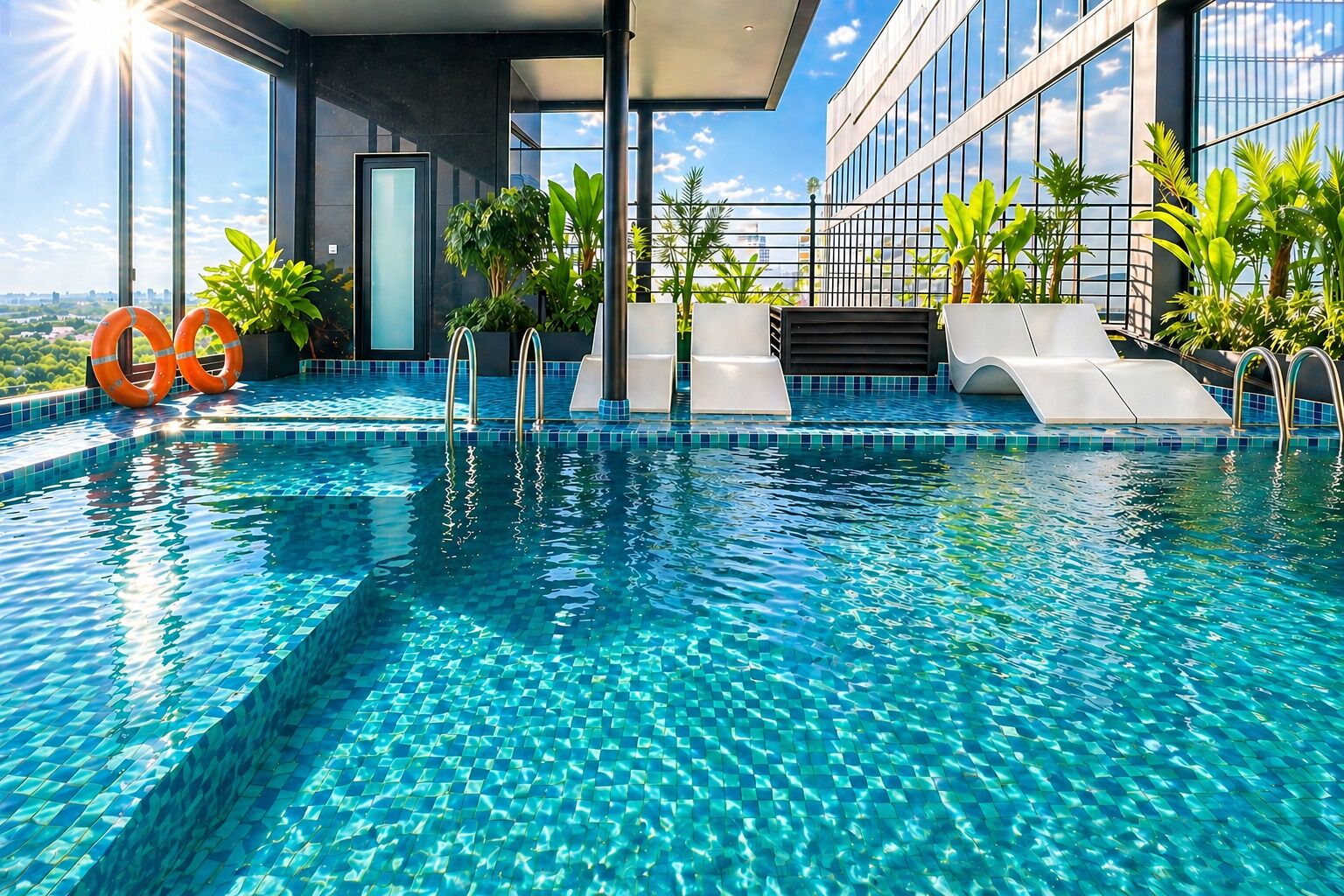 Piscina externa, guarda-sóis, espreguiçadeiras