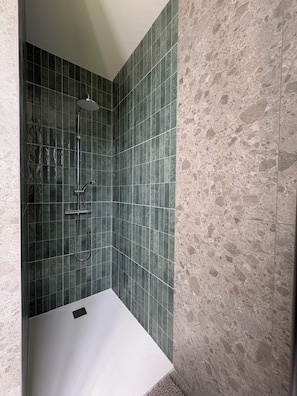 Shower, hair dryer, towels, toilet paper