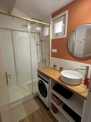 Hair dryer, towels, toilet paper