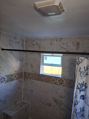 Hair dryer, towels, soap, toilet paper