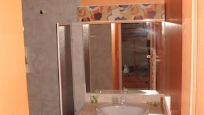 A compact bathroom with a shower, a sink, and a mirror.