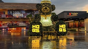 Une grande sculpture d’ours, portant l’inscription « HO HO HO », entourée de guirlandes lumineuses, devant un bâtiment sur lequel on peut lire « Jardin de roses ».