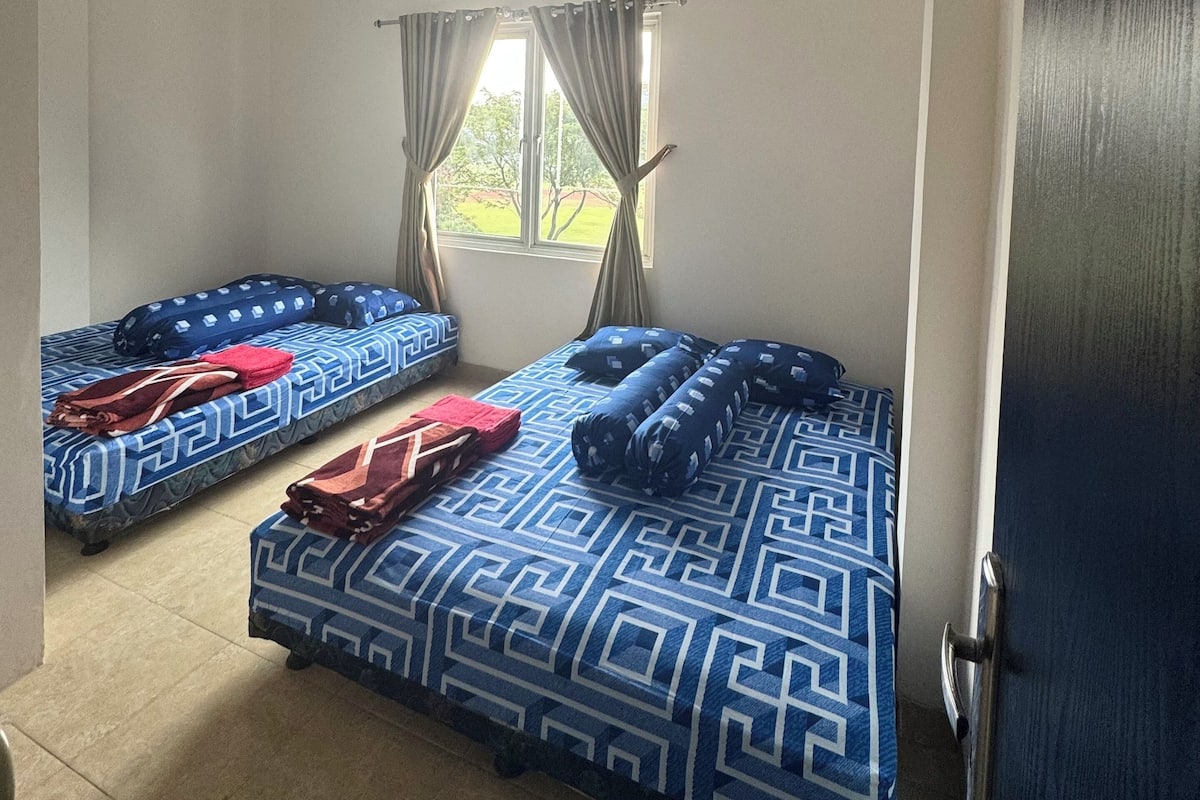 Un alojamiento pequeño de una sola habitación con dos camas, una ventana con cortinas y una puerta.