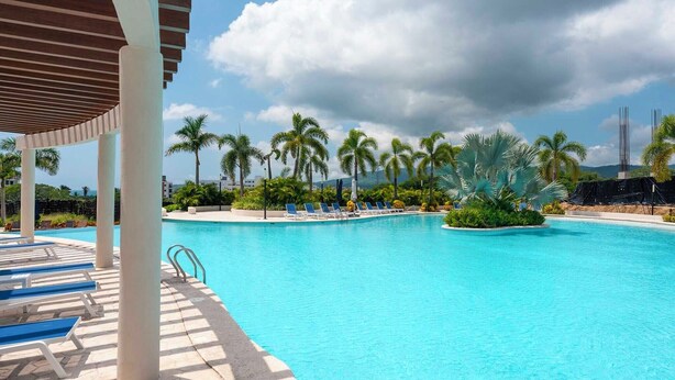 Une piscine avec des chaises longues et des palmiers.
