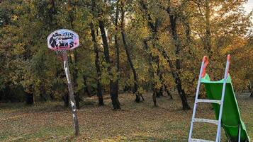 Un espace de jeux avec un toboggan vert et une échelle en métal, entouré d’arbres aux feuilles d’automne.