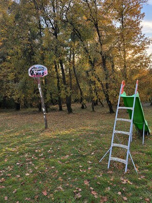 Zona de juegos con un tobogán verde y una escalera metálica, rodeada de árboles con hojas otoñales.