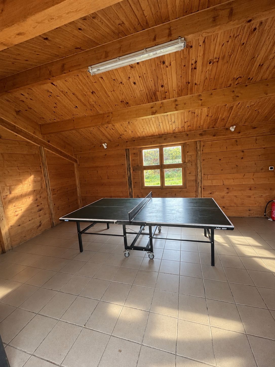 Ein Tischtennis-Tisch in einem Raum mit Holzwänden und einem gefliesten Boden.