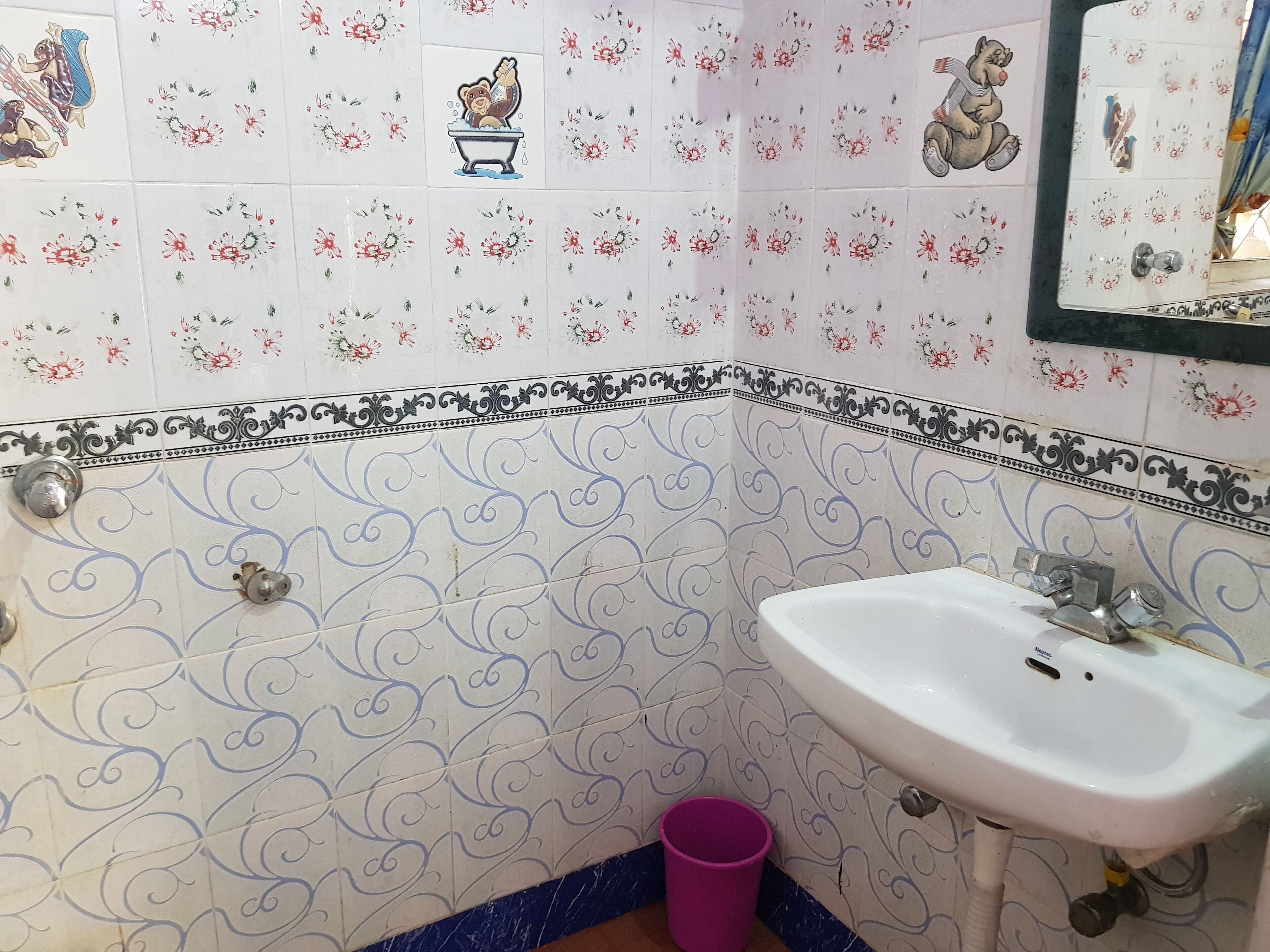 A bathroom with floral patterned tiles, a sink, and a mirror.
