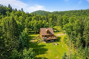 A log cabin with a porch, surrounded by dense forest and a mountain in the background.
