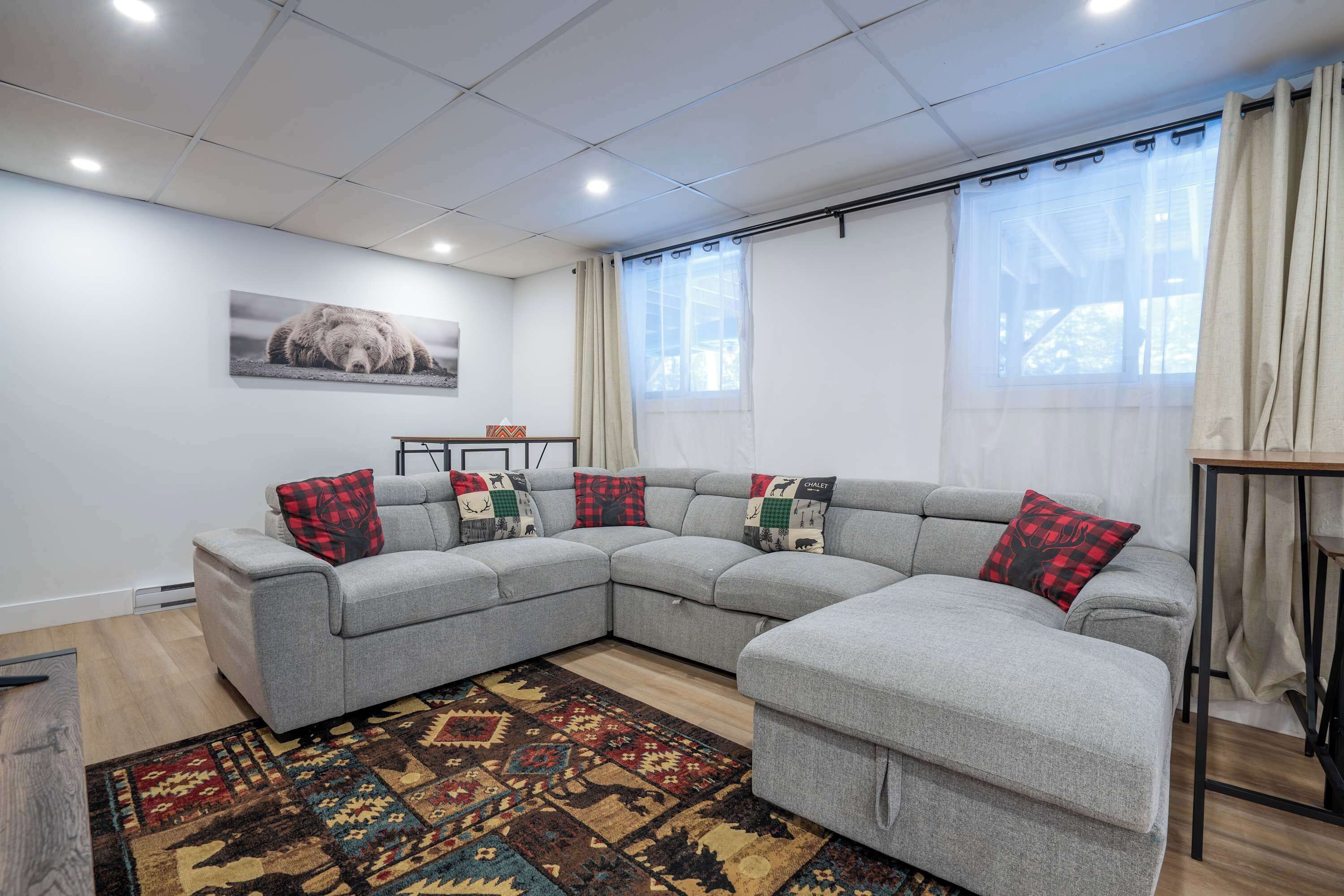 A modern living room with a grey sectional sofa, patterned rug, and a framed animal photograph on the wall.