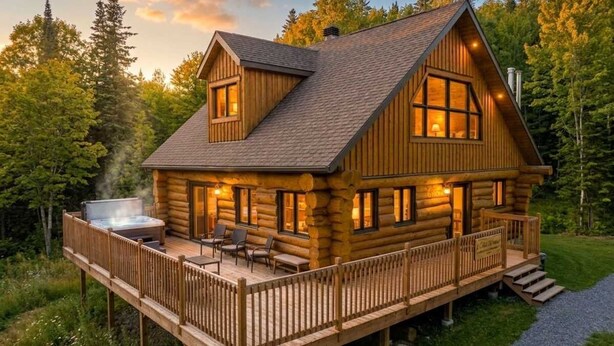 A log cabin with a deck, a hot tub, and a fireplace. - Spa & Pool table | Le Massif (Saint-Adolphe-d'Howard)