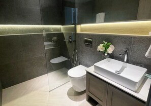 A modern bathroom with a glass-enclosed shower, a white toilet, and a vanity with a sink and mirror.