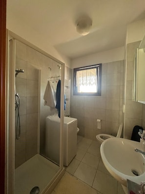 Hair dryer, bidet, towels, soap