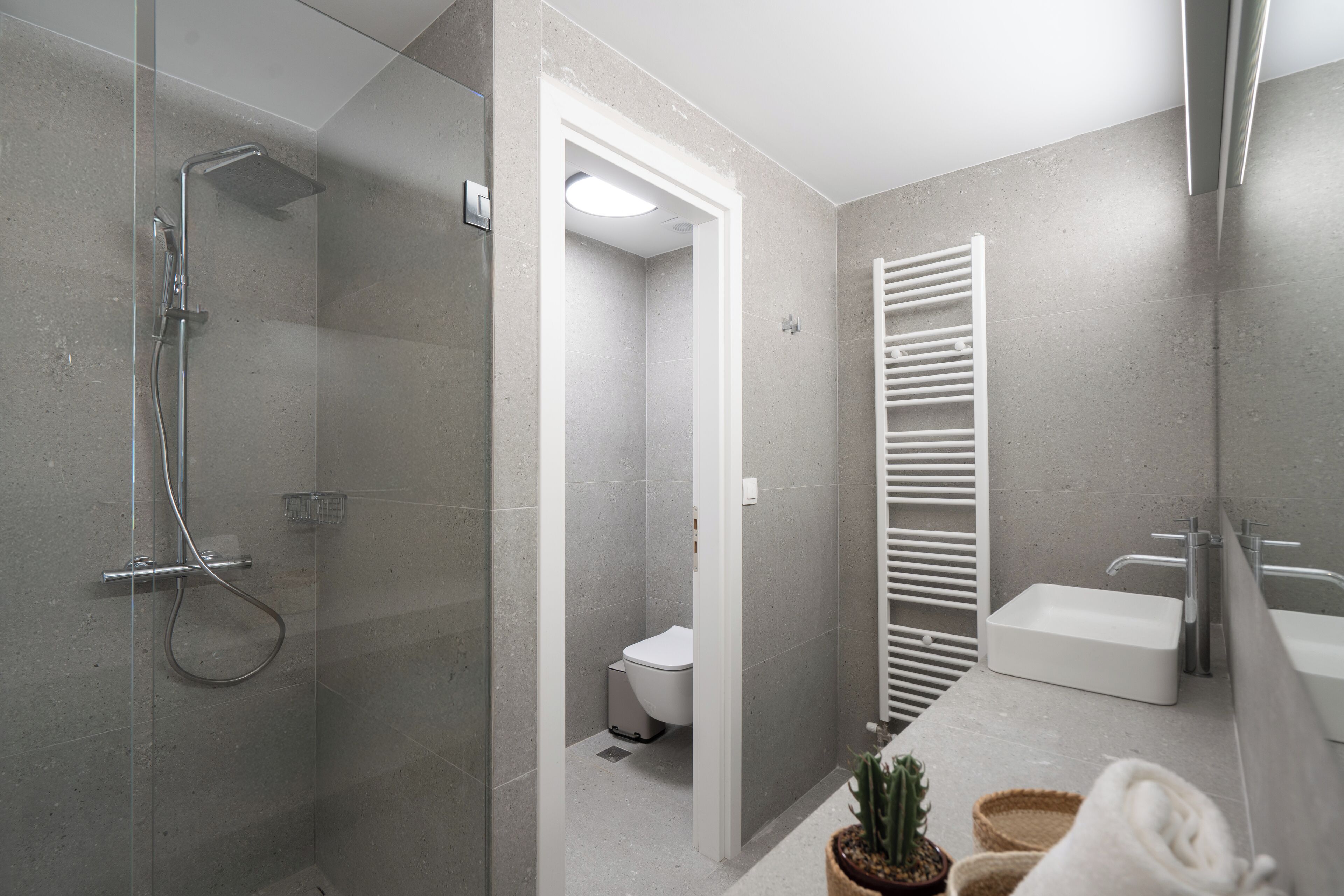 A modern bathroom with a glass-enclosed shower, a white toilet, a towel rack, and a sink.